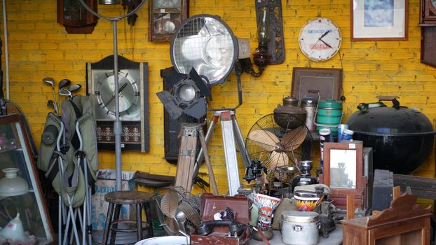 BANGKOK, THAILAND 12 JULY 2019 Rod Fai Talad retro night train market. Popular asian hipster street flea marketplace with old-fashioned vintage styled decor, second hand aged antique goods for sale.