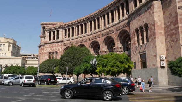 YEREVAN, ARMENIA, CAUCASUS - 28 AUGUST 2019: Central Republic Square, caucasian armenian capital, soviet architectural heritage, downtown classical street city life on sunny day. Kentron architecture.