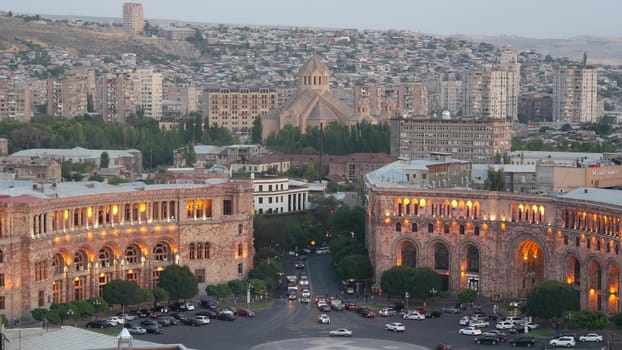 YEREVAN, ARMENIA, CAUCASUS, 28 AUGUST 2019 Saint Gregory the Illuminator Cathedral, Central Republic Square, Kentron, caucasian armenian capital, soviet architectural heritage, downtown classic view