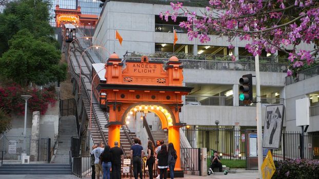 LOS ANGELES, CALIFORNIA, USA - 27 OCT 2019: Angels Flight retro funicular railway cabin. Vintage cable car station. Old-fashioned public passenger transport in Hollywood. Historic tourist landmark.