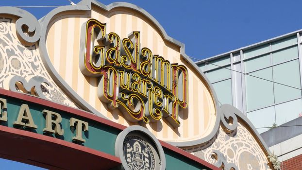 SAN DIEGO, CALIFORNIA USA - 13 FEB 2020: Gaslamp Quarter historic entrance arch sign. Retro signboard on 5th ave. Iconic vintage signage, old-fashioned tourist landmark, city symbol and sightseeing.