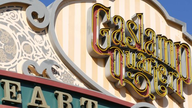 SAN DIEGO, CALIFORNIA USA - 13 FEB 2020: Gaslamp Quarter historic entrance arch sign. Retro signboard on 5th ave. Iconic vintage signage, old-fashioned tourist landmark, city symbol and sightseeing.