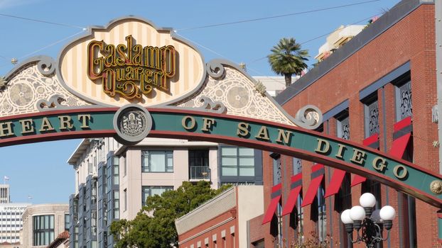 SAN DIEGO, CALIFORNIA USA - 13 FEB 2020: Gaslamp Quarter historic entrance arch sign. Retro signboard on 5th ave. Iconic vintage signage, old-fashioned tourist landmark, city symbol and sightseeing.