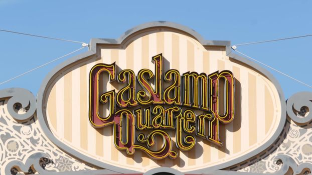 SAN DIEGO, CALIFORNIA USA - 13 FEB 2020: Gaslamp Quarter historic entrance arch sign. Retro signboard on 5th ave. Iconic vintage signage, old-fashioned tourist landmark, city symbol and sightseeing.