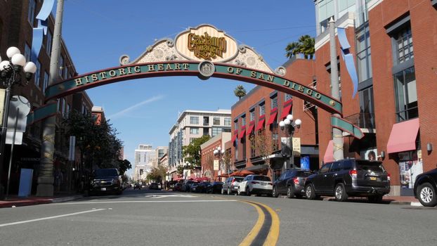 SAN DIEGO, CALIFORNIA USA - 13 FEB 2020: Gaslamp Quarter historic entrance arch sign. Retro signboard on 5th ave. Iconic vintage signage, old-fashioned tourist landmark, city symbol and sightseeing.