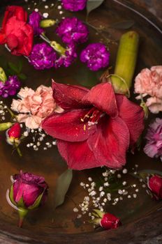 vintage, various flowers Various flowers on dark vintage background, top view, flat lay