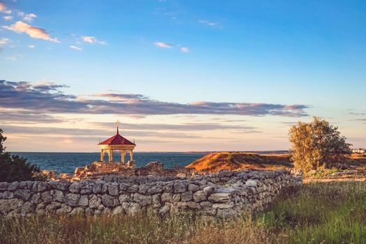 Sevastopol, Crimea-June 7, 2016: Beautiful landscape with sunset and Royal gazebo on the background of the sea landscape.