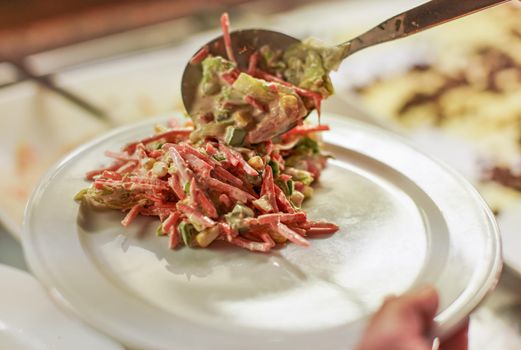 Man putting some ham vegetables and mayonnaise salad on white porcelain plate at food buffet, closeup detail.