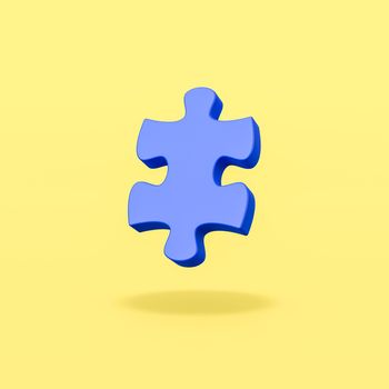 One Blue Puzzle Piece Isolated on Flat Yellow Background with Shadow 3D Illustration