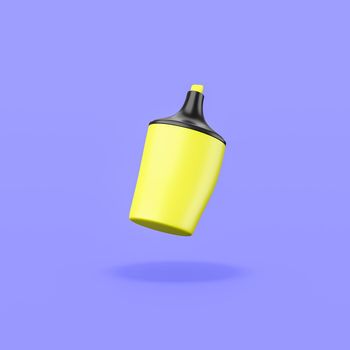 One Single Cartoon Yellow Highlighter Isolated on Flat Purple Background with Shadow 3D Illustration