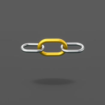 Metal Chain with One Golden Link Isolated on Flat Black Background with Shadow 3D Illustration, Join Concept