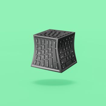 Cartoon Cube Shape with Computer Keyboard on Faces Isolated on Flat Green Background with Shadow 3D Illustration, Data Center Concept