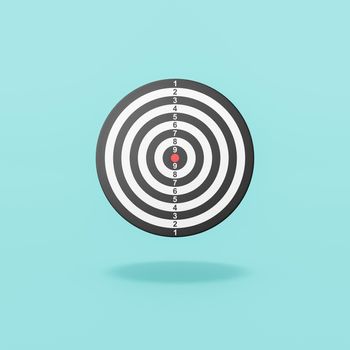 Empty Black and White Dart Target Board on Flat Blue Background with Shadow 3D Illustration