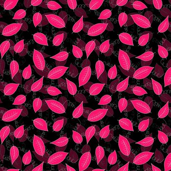 Floral seamless pattern with pink exotic leaves on black background. Tropic branches. Fashion vector stock illustration for wallpaper, posters, card, fabric, textile.