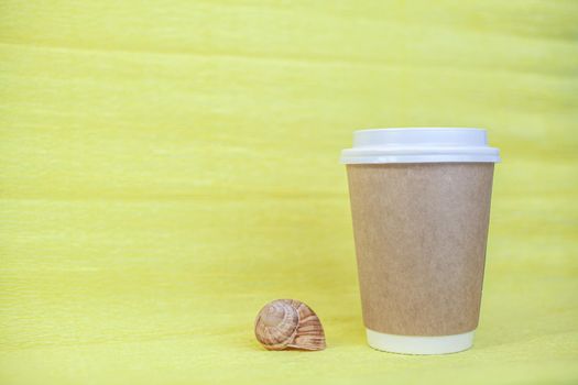 A paper cup of coffee covered with a white lid and next to it sea shells on a yellow background. There is a place for the text.