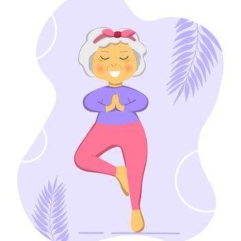 Sporty Granny does Yoga. Old person. Vector colorful cartoon illustration. Senior woman in pose yoga. Exercising for better health. Isolated flat image. Grandma. Grandmother character.