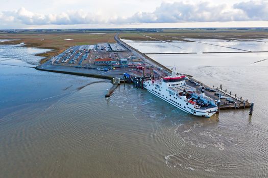 Aerial from the ferry from Ameland arriving at Holwerd in the Netherlands