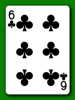 A 6 Six of Clubs playing card with clipping path to remove background and shadow 3d illustration