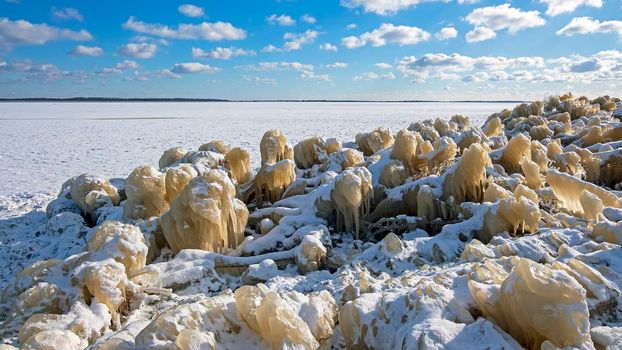 Ice sculptures at the Lauwersmeer in Friesland the Netherlands in winter