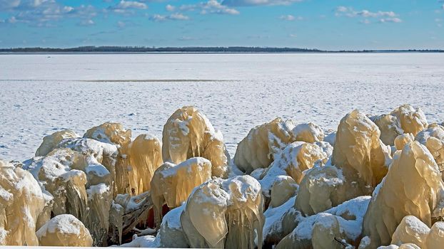 Ice sculptures at the Lauwersmeer in Friesland the Netherlands in winter