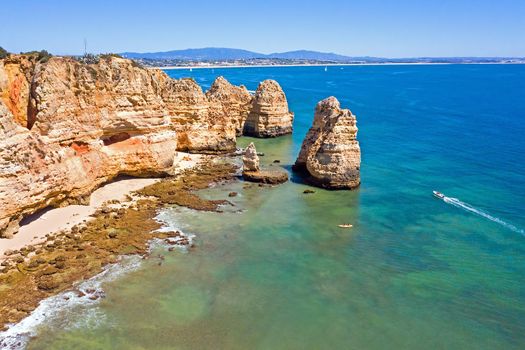 Aerial from a beautiful beach in Lagos in the Algarve Portugal