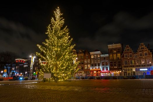 Nieuwmarkt in Christmas time in Amsterdam the Netherlands at night