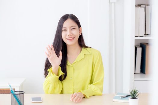 Young asian business woman video call with camera for conference online for interview at home, businesswoman meeting and talking for distance, social distancing, new normal, communication concept.