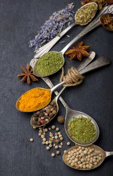 Various spices spoons on table. Top view with copy space