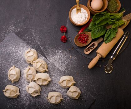 homemade frozen foods. manti with beef on a wooden table.