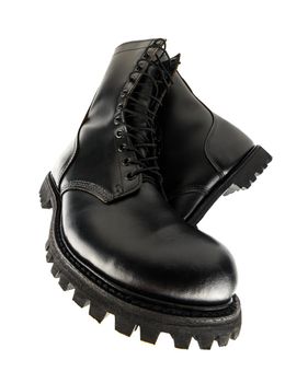 ultra wide angle view on pair of black leather 10-inch new military combat boots, isolated on white background.