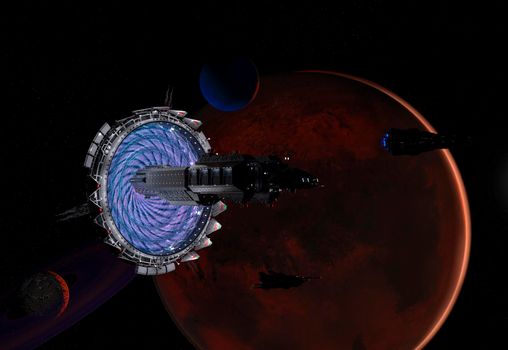 Time-space gate and spaceships near a Red planet of the solar system in space - 3d rendering