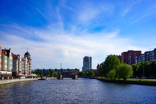 Kaliningrad, Russia. The city skyline, the river Pregolya and the sights of the city on the background of blue sky.