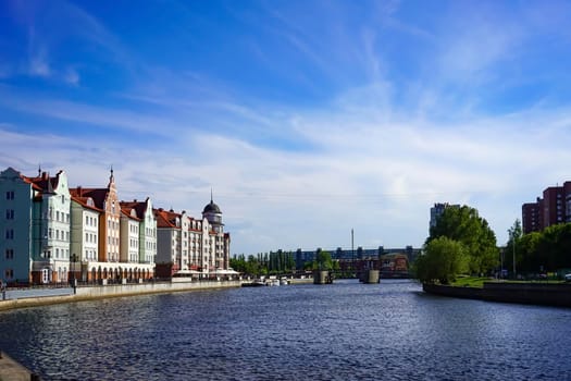 Kaliningrad, Russia. The city skyline, the river Pregolya and the sights of the city on the background of blue sky.