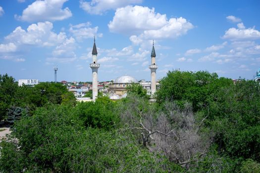 Evpatoria, Crimea . Aerial view of the cityscape with streets and landmarks.