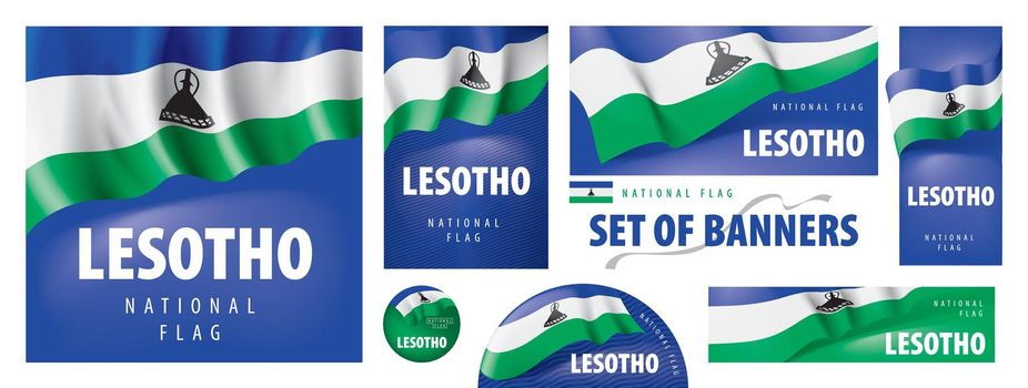 Vector set of banners with the national flag of the Lesotho.