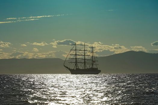 Vintage white sailboat on the background of the seascape. Vladivostok, Russia