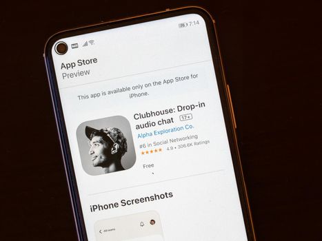 Moscow, Russia - February 21, 2021: Clubhouse app on smartphone screen of Android. Clubhouse app is not available for android devices