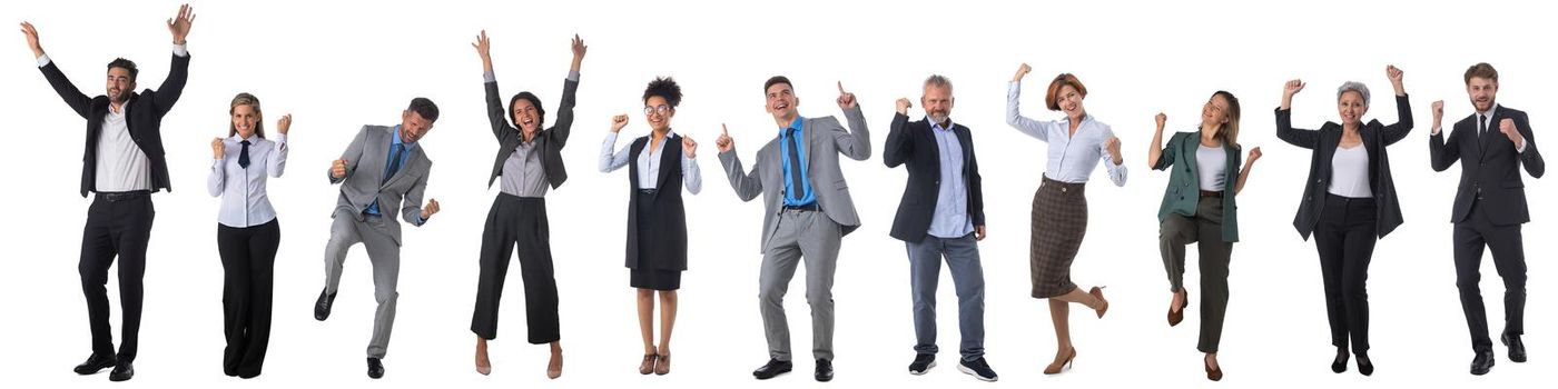 Successful excited business people group team, young businesspeople standing together smile hold fist ok yes gesture with raised hands arms, studio isolated over white background