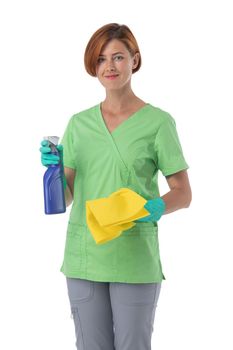 Cleaner woman with spray and rag isolated on white background