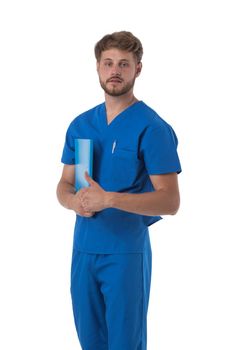 Male nurse in blue uniform with stethoscope and document folder isolated on white background