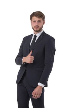 Portrait of serious business man with thumb up gesture isolated on white background