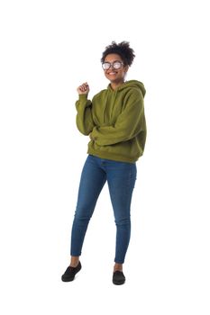 Full length portrait of african american mixed race woman isolated on white background, casual people