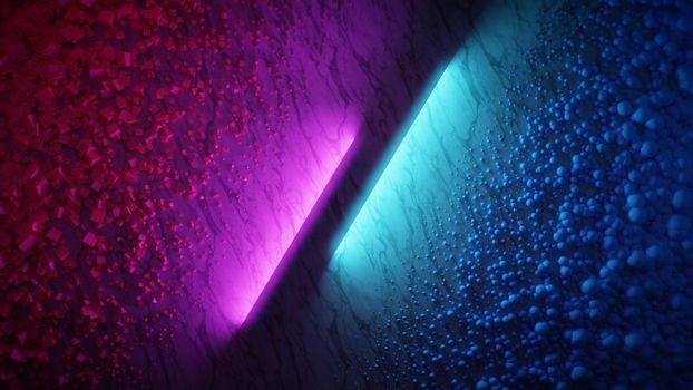 Cyan and magenta neon lights with cubes and spheres. Abstract background. Digital render.