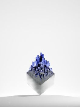 Blue, square crystal formation growing over a shiny, metallic cube. Abstract fantasy background, digital render.