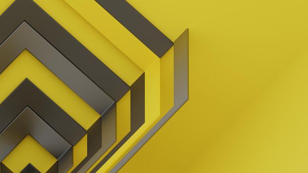 Geometrical cubic shapes in yellow and metallic gray. Abstract background, digital render.