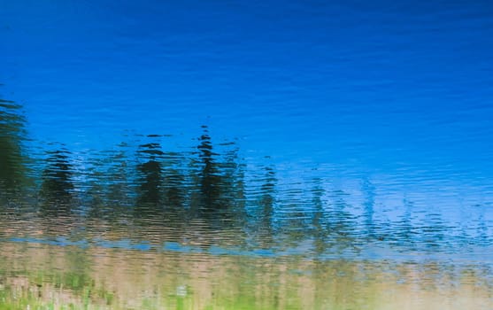Landscape and trees reflected on the calm waters of a pond.