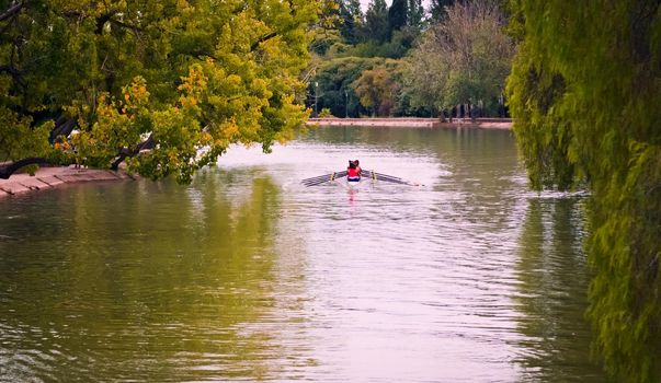 Women rowing team, training in the lake of San Martin park in Mendoza, Argentina.