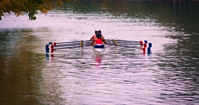 Women rowing team, training in the lake of San Martin park in Mendoza, Argentina.