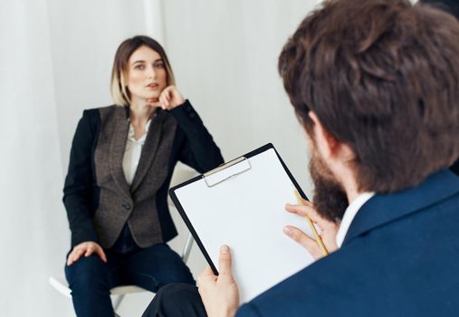 Woman for job interview and business man with documents of employee communication. High quality photo