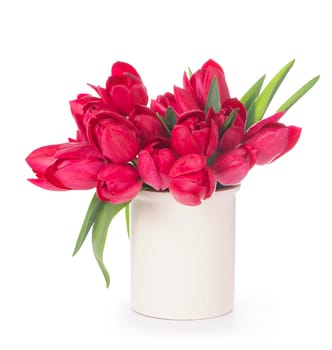 Bouquet of pink tulips on a light background. Holiday card.